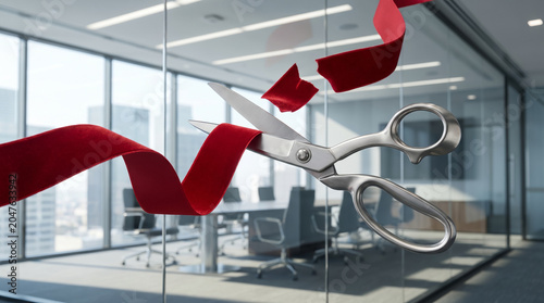 Giant stainless steel scissors cutting a thick red ribbon in a glass boardroom, representing grand openings and removing corporate red tape.
