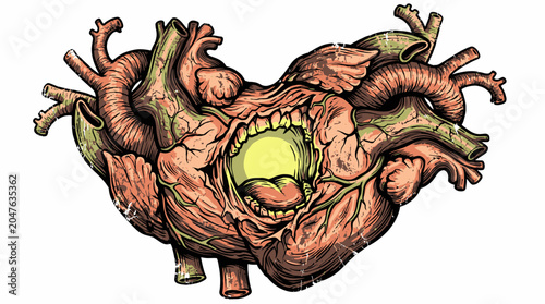 Detailed illustration of a monstrous anatomical heart with a gaping maw, sharp teeth, and unsettling texture, symbolizing inner turmoil and fear