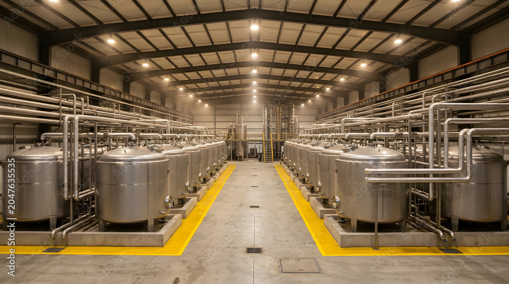 Fototapeta premium Industrial ethanol fermentation plant interior | Stainless steel biofuel production tanks | Modern factory chemical processing facility | Renewable energy manufacturing warehouse