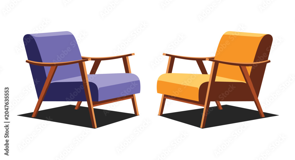 Fototapeta premium Two mid-century modern armchairs in purple and orange are positioned facing each other in a clean minimalist room setting.