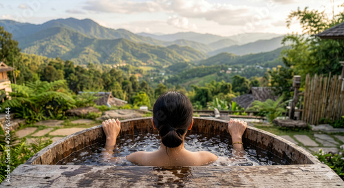 Woman relaxing in wooden ice bath with mountain landscape view