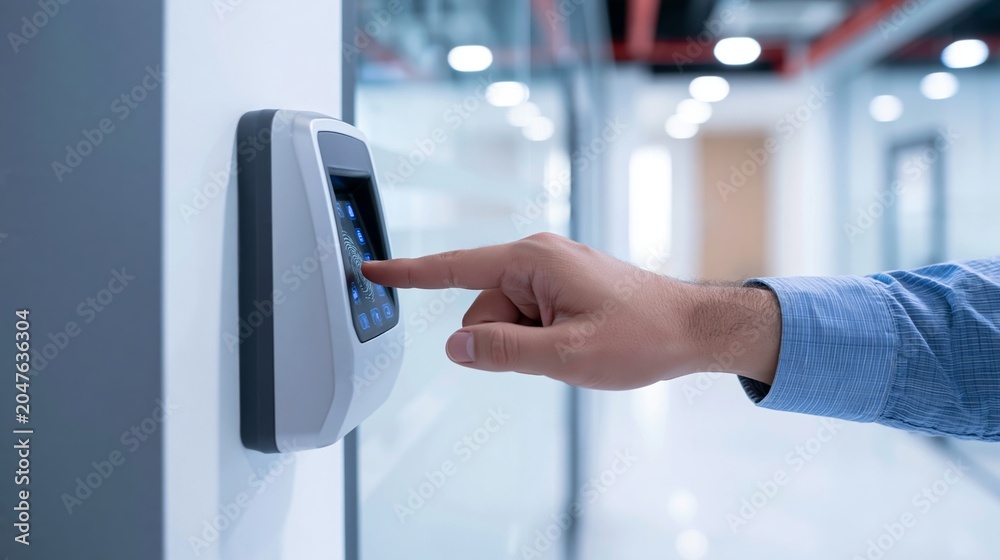 Naklejka premium Person scanning fingerprint on biometric device, ensuring secure access and identity verification in a modern office