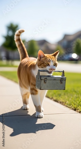 Whimsical Orange Tabby Cat Carries Tiny Toolbox Down Sunny Suburban Sidewalk.