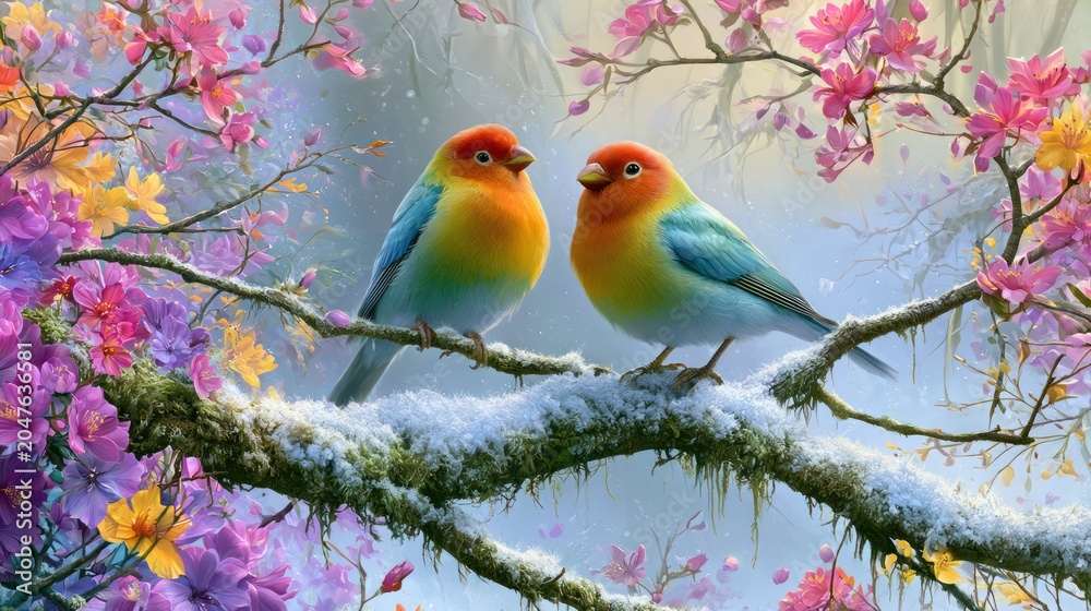 Obraz premium Two Lovebirds in a Snowy Blossom Tree: A pair of vibrant, colorful lovebirds perch on a snow-dusted branch, surrounded by delicate pink and purple blossoms.