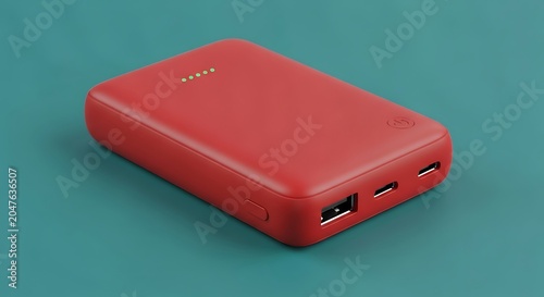 Vibrant Red Portable Power Bank with LED Indicators and USB Ports on Teal Background.
