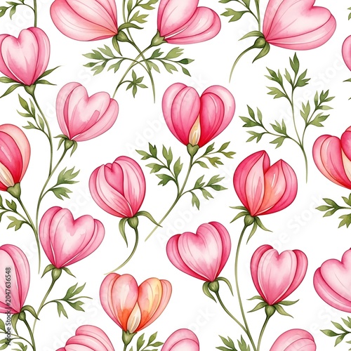 Watercolor Heart-Shaped Pink Flowers Seamless Pattern on White Background.