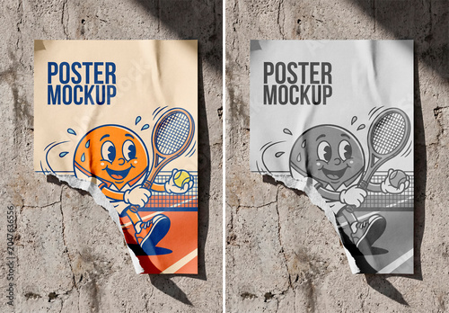 Torn blank poster mockup on textured wall