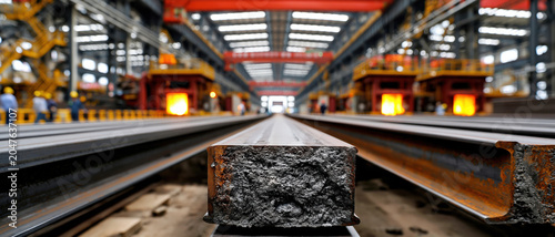 Steel beam industrial factory metal production hot rolling mill heavy industry manufacturing plant workshop interior structural steel engineering construction material Steel beam industrial