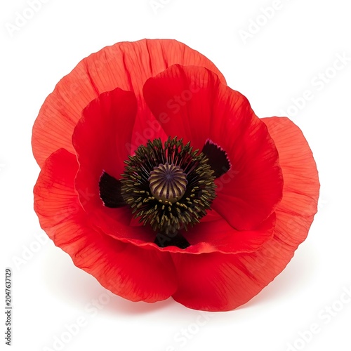Vivid Red Poppy Blossom - Delicate Petals and Dark Center on White Background.