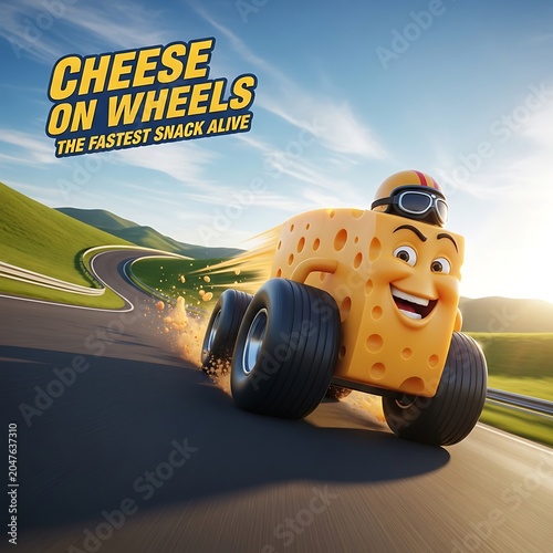 Whimsical Cheese Character Races Down Scenic Winding Road, Cheese on Wheels.