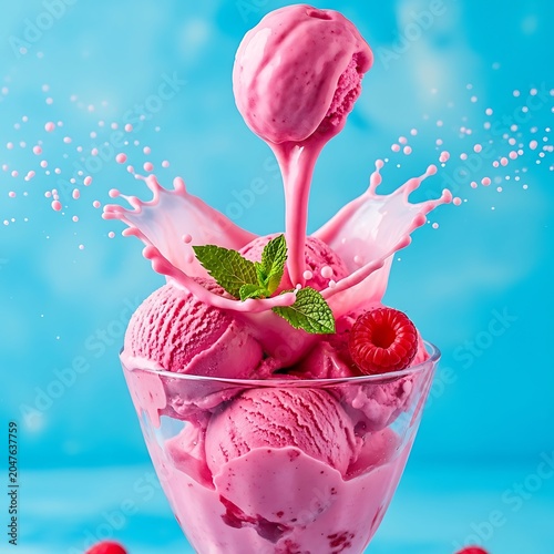 Vibrant Pink Raspberry Ice Cream Sundae with Splash and Fresh Berries.