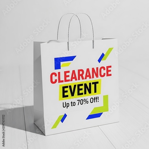 White Paper Shopping Bag with Bold Clearance Event Graphic and Discount Offer.