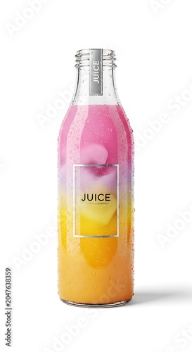 Vibrant Layered Juice in Clear Glass Bottle with Juice Label, Isolated on White.