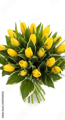 Vibrant Yellow Tulip Bouquet with Lush Green Leaves on White Background.
