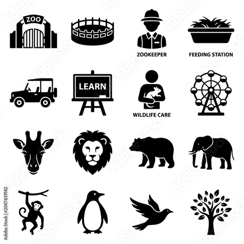 Canvas Print Zoo Animal Icons Collection Black Silhouettes On White Background