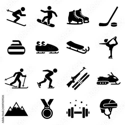 Fotografie Winter Sports Icons Collection Flat Silhouette Style On White Background