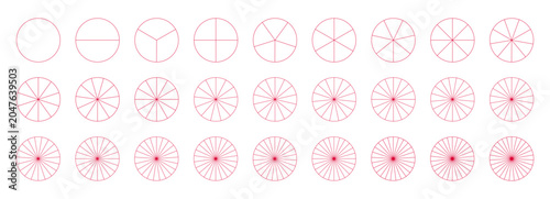 Pie chart layout. Segmented red charts templates. Many number of sectors divide circle on equal parts. Outline graphics. Pizza chart mockups set. Simple segments infographic. Flat diagram wheel parts.