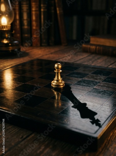 A golden chess pawn casts the shadow of a King, a conceptual metaphor for hidden potential, future success, and ambition.
