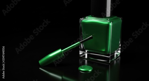 Green nail polish bottle with applicator brush and glossy droplet illuminated by professional studio lighting effects