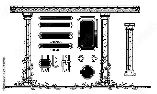 Pixel art fantasy character inventory and spell book interface, RPG equipment menu with magic skills, retro game UI asset in monochrome 8-bit style
