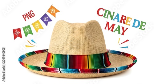 Festive straw sombrero featuring a vibrant, multicolored striped band, ideal for cultural celebrations, lively parties, and authentic Mexican-themed events