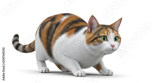 A beautiful calico cat with green eyes in a playful pouncing stance on a clean white background, ready to spring into action.