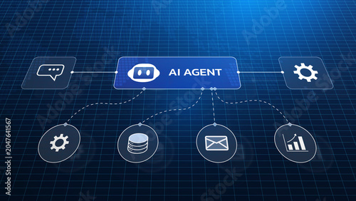 AI Agent Interface: A conceptual graphic illustrating an AI agent connecting to various digital functions like messaging, settings, database, email, and analytics, depicted on a blue grid background.