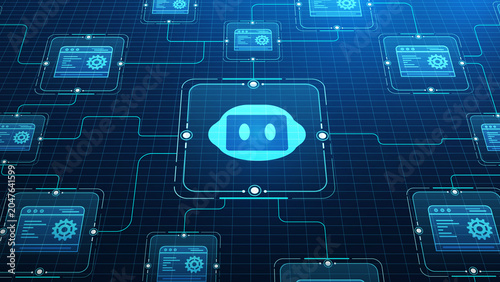 Digital Network of AI Bots: An intricate digital network illustrates the interconnectedness of artificial intelligence bots, visualized as simple, modern icons on a futuristic blue grid.