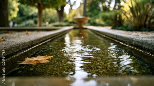 A Fallen Leaf in a Tranquil Water Channel: A single yellow leaf floats serenely on the surface of a clear water channel in a formal garden.