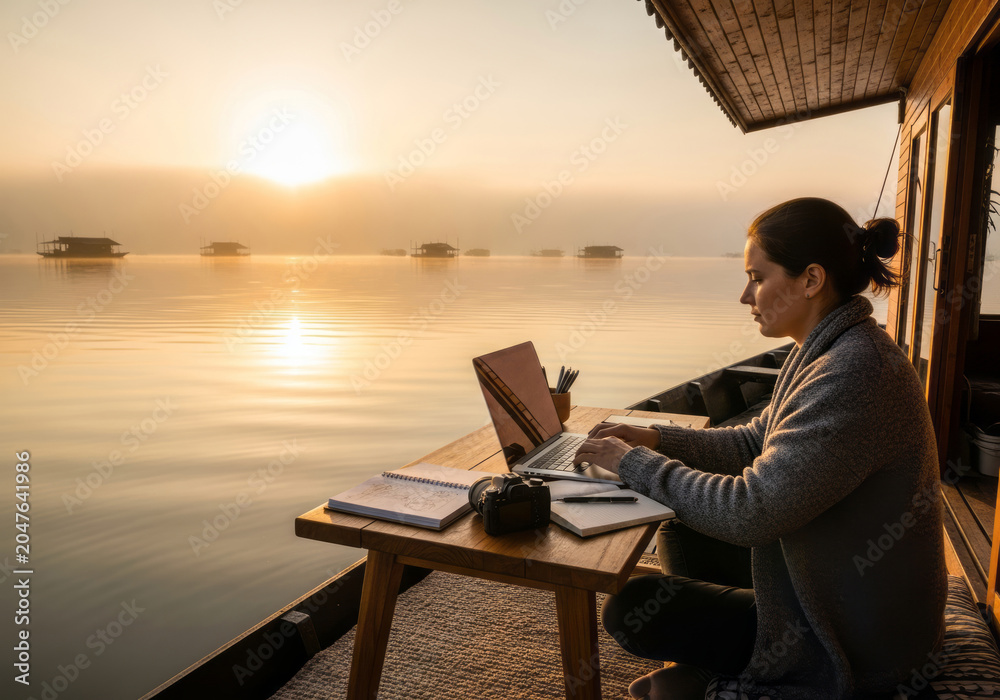 Fototapeta premium Professional Working on Laptop Beside Calm Lake at Sunset in Minimalist Remote Office Environment