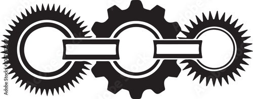Foto Simple black gear mechanism with interconnected cogs and links on transparent ba