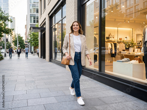 Young woman walking on a city sidewalk past a modern clothing boutique