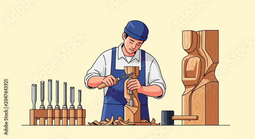 Картината върху платно Woodcarver meticulously shaping a wooden sculpture