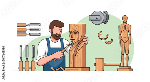 Cuadro en lienzo Woodcarver shaping a wooden bust with chisel and mallet