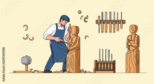 Konstfotografi Woodcarver shaping a wooden figure with chisels
