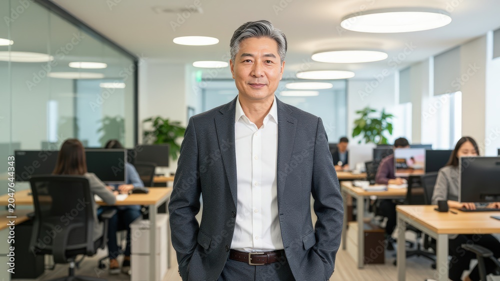 Fototapeta premium Confident Asian Businessman in Modern Office Space Leadership Concept