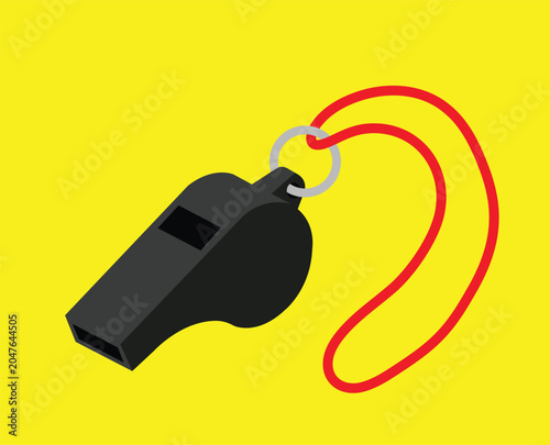 Black whistle with red lanyard on yellow background