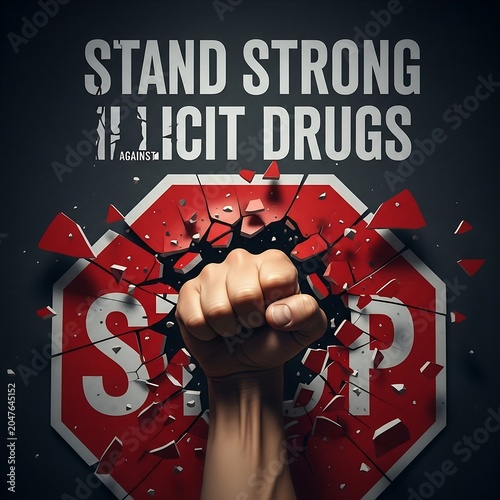 Powerful Fist Breaking Red Stop Sign Symbol Against Illicit Drugs Message