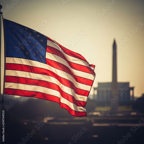 Majestic American Flag Waving Against the Iconic Washington Monument Skyline at Sunset, united states flag