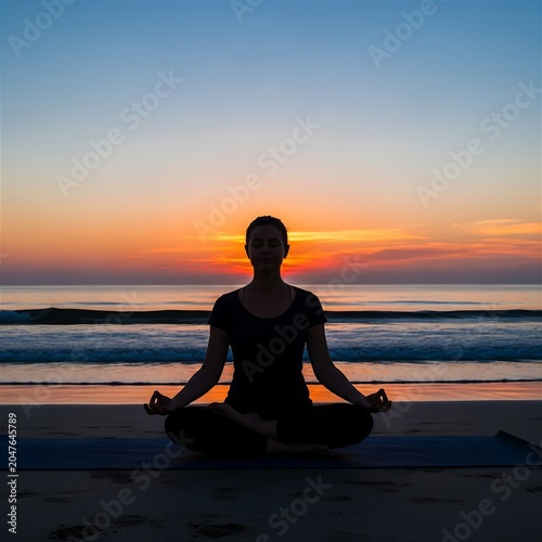 Silhouette Of A Woman Meditating In Lotus Pose On A Beach During Sunset With Serene Ocean Waves