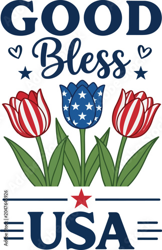 God Bless USA patriotic typography design featuring tulip flowers textured with American flag stars and stripes, 4th of July vector.