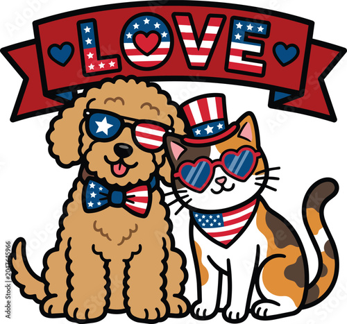 Cute dog and cat with American flag sunglasses and Uncle Sam hat under patriotic Love banner, 4th of July vector illustration.