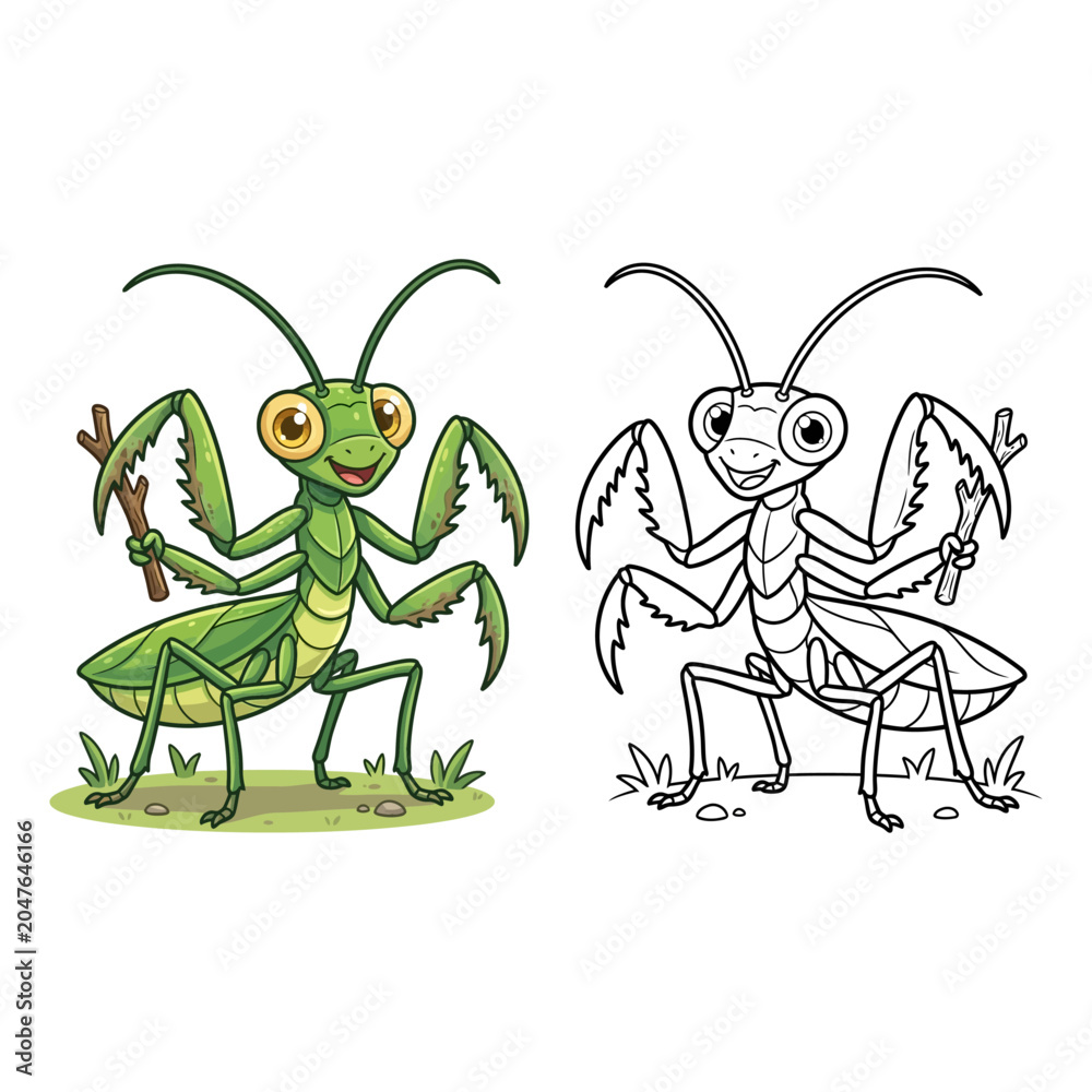 Fototapeta premium Cute praying mantis coloring page and vector character set