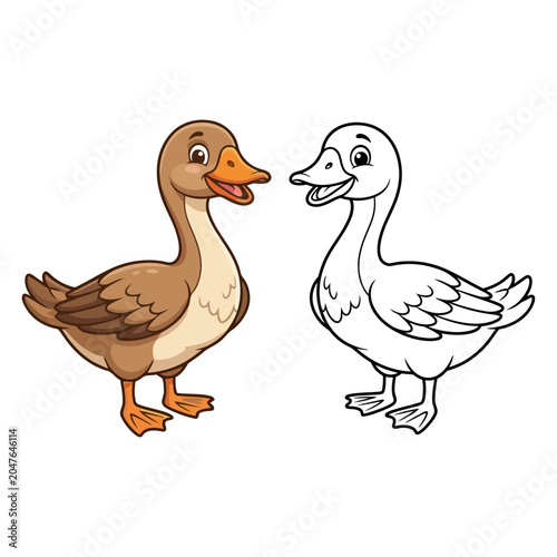 Foto Cute goose coloring page and vector character asset set