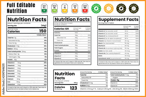 Nutrition facts, Supplement facts, Vitamin facts, Nutrition facts template, Editable nutrition facts label templates for food packaging and supplement design projects