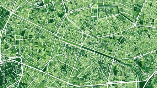 Aerial View of a City Grid: An abstract, top-down view of a city's urban sprawl, rendered in shades of green, showcasing its intricate network of streets and blocks.
