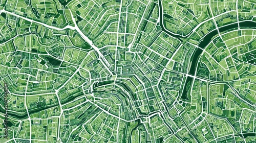 Urban Landscape: An aerial view reveals a complex urban landscape characterized by intricate street patterns and interwoven waterways.