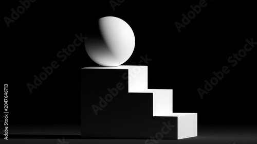 Sculptural Still Life: A minimalist composition featuring a smooth white sphere balanced precariously atop a geometric pedestal with three steps, set against a stark black background.