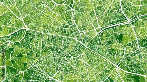Urban Grid: A vibrant, abstract map of a city's street grid rendered in shades of green, resembling a lush, sprawling urban landscape with intricate pathways and interconnected blocks.