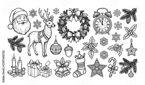 Hand drawn Christmas elements outline vector set with Santa reindeer snowflakes and holiday decorations